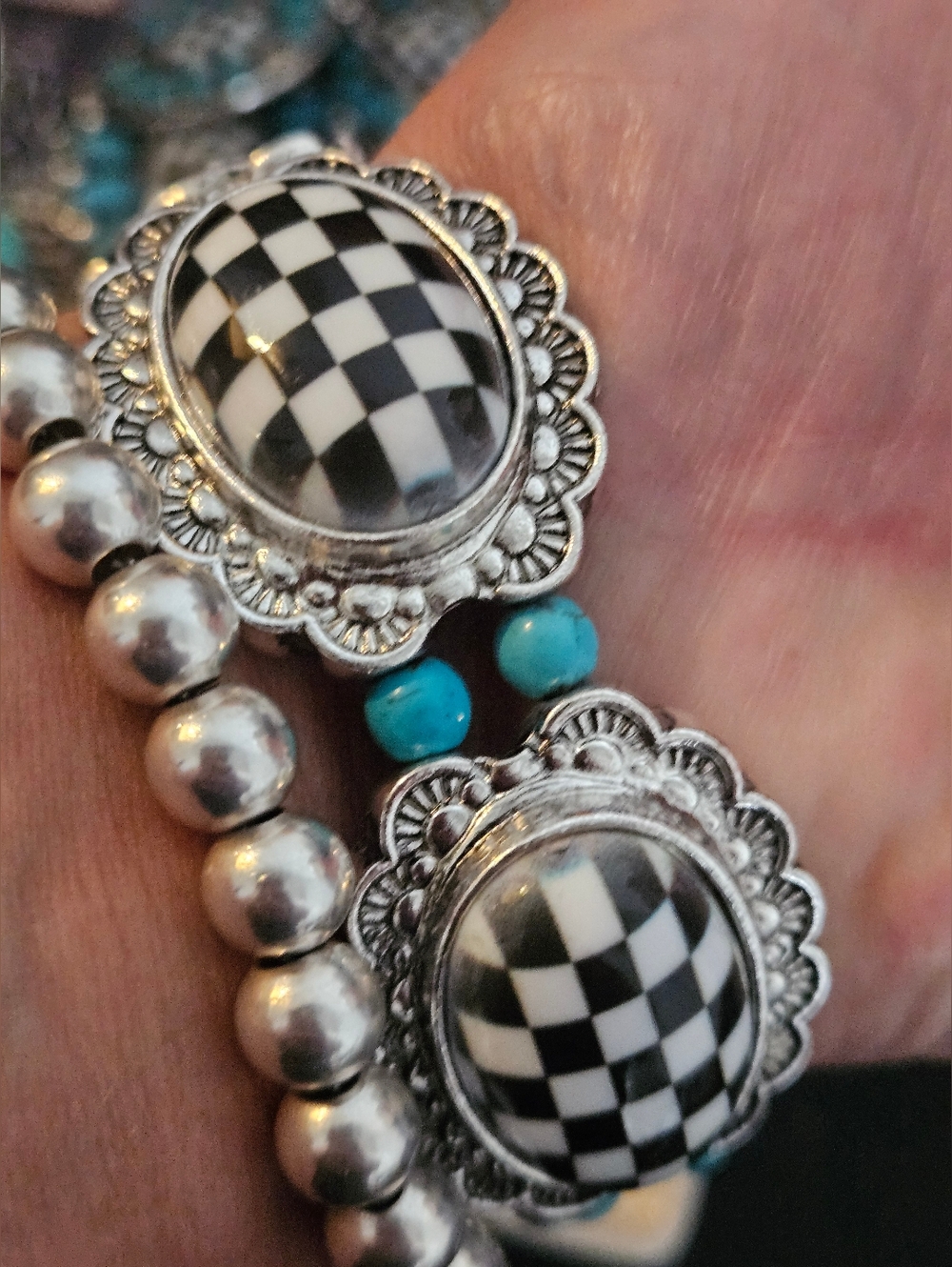 BLACK & WHITE CHECKERED  STRETCH BRACELET
